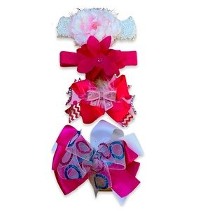 Girl hair bows headbands set 4 pink blue feather floral bling sequins glitter